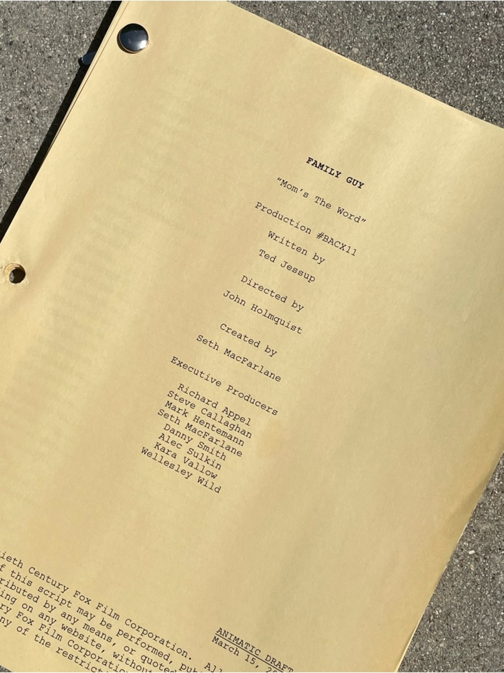 Family Guy 2013 Mom’s The Word Episode Production Used Animatic Draft Script
